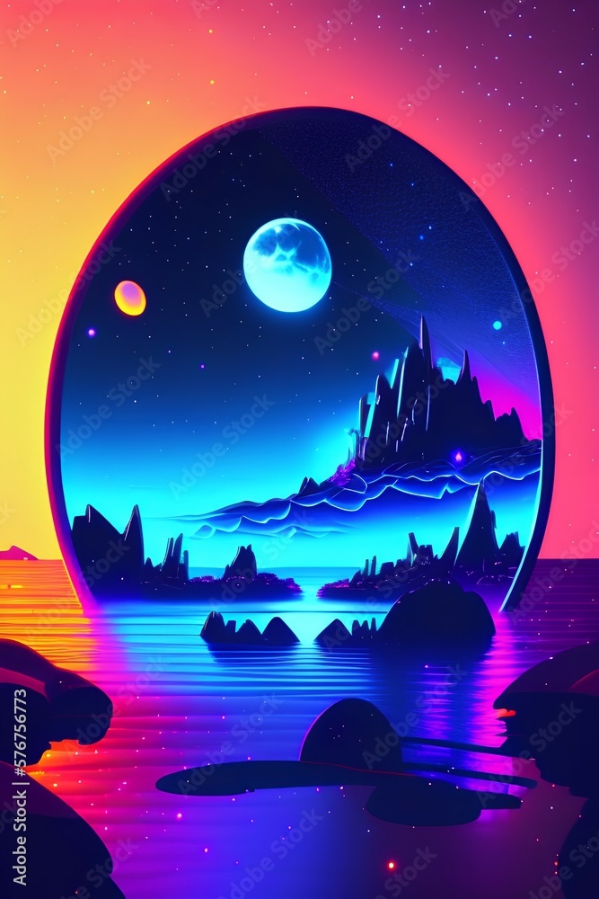 Futuristic fantasy night landscape with abstract landscape and island, moonlight,  moon, neon. Dark natural scene with light reflection in water. Neon space galaxy portal - generative ai