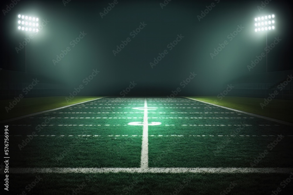 The American Football Stadium Field is Illuminated for an Epic Game, Generative AI.