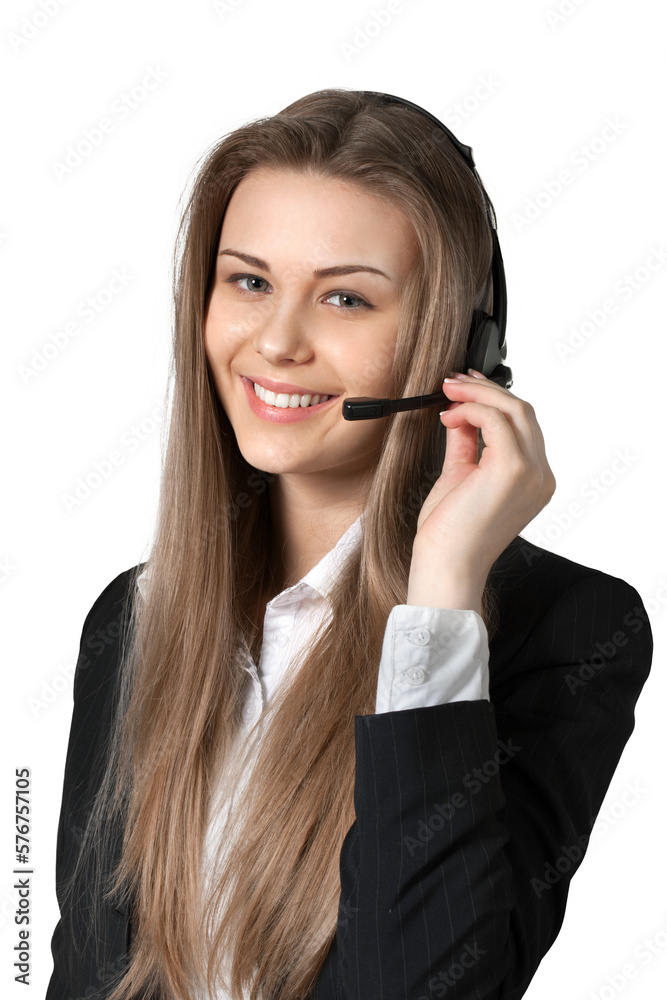 smiling young woman wearing a headset smiling young woman wearing a headset