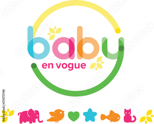 wordmark logo in a circle for a baby clothing store in many colors and icons