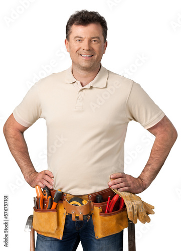 Smiling handsome plumber man. Isolated white background.