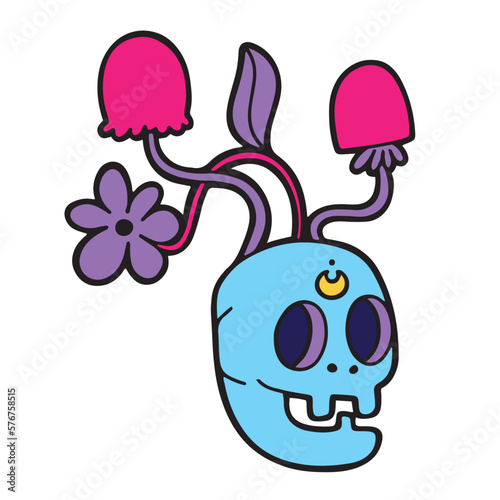 Trippy smiling skull with flowers and mushrooms growing out of his head, psychedelic isolated vector illustration