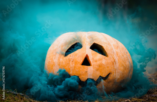 pumpkin with blue smoke candle, smoke ball