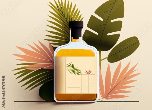 Minimal poster of rum bottle with exotic and tropical theme. Copy space. Concept of drinking. Generative AI.