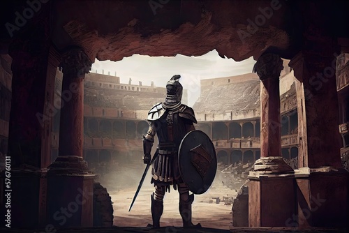 Fényképezés A Cinematic Perspective: An Antique Gladiator Readying for Battle at the Amphitheatre of Ancient Rome