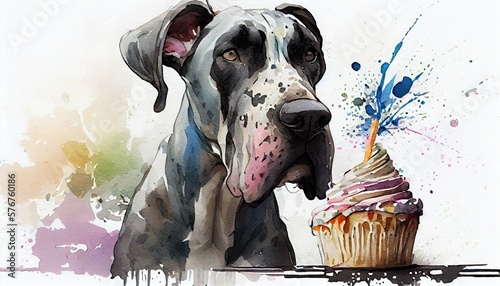 Celebrating Cuteness: Adorable Great Dane Puppy Eating Birthday Cake Watercolor Art: Generative AI photo