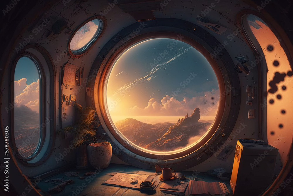 Spaceship interior with a round window with a view on a planet. Generative Ai Spaceship interior with a round window with a view on a planet. Generative Ai