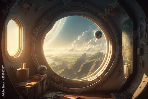 Spaceship interior with a round window with a view on a planet. Generative Ai