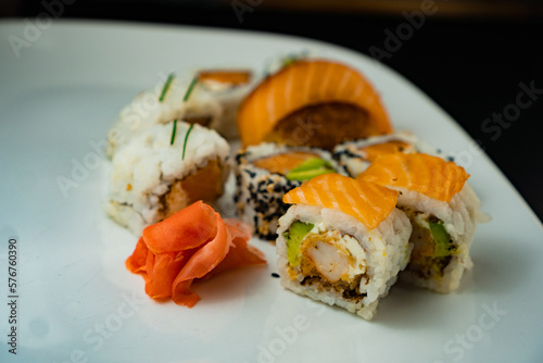 traditional japanese sushi, variety of sushi pieces. different forms of sushi.