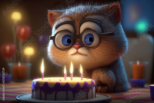 Cute little catl blowing out candles on his birthday cake,3D cartoon, Generative Ai photo