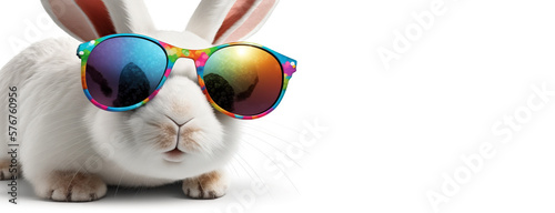 Easter bunny with sunglasses Fabulous Cool rabbit wearing colorful shades, white rabbit on white background with sunglasses. Image created with generative ai.