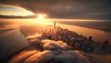 Sunrise sun peaking from clouds above New York City downtown Manhattan buildings sticking out above fog clouds in NYC. Aerial view. Generative ai illustration.