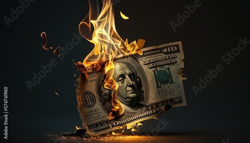 dollar on fire, money, inflation, background created with generative ai technology
