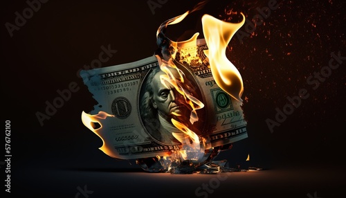 dollar on fire, money, inflation, background created with generative ai technology