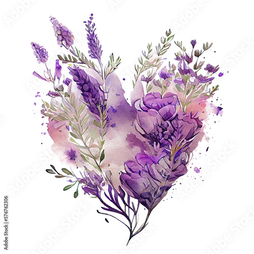 heart shaped purple Lavender bouquet, Romantic heart vignette made of vintage flowers and leaves of Lavender in gentle retro style watercolor painting, PNG transparent background, generative AI.