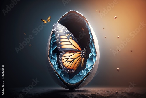 3D illustration of butterfly emerging from its cocoon. Generative AI illustration