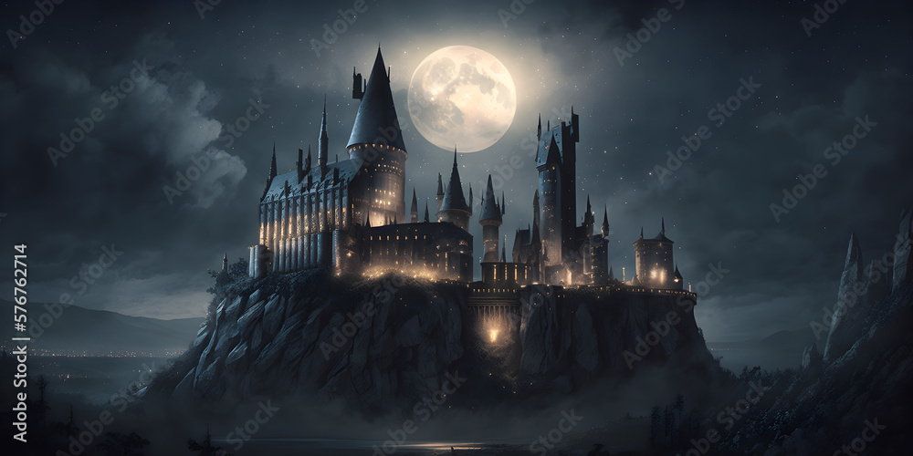 Hogwarts castle lit by moonlight. Generative AI illustration - obrazy, fototapety, plakaty 