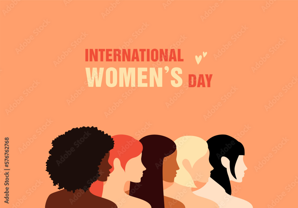 Side view of five women of different nationalities standing together. International Women's Day. The concept of women's friendship and the movement for women's rights. Flat vector illustration