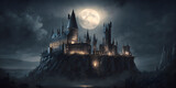 Hogwarts castle lit by moonlight. Generative AI illustration