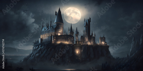 Canvastavla Hogwarts castle lit by moonlight. Generative AI illustration