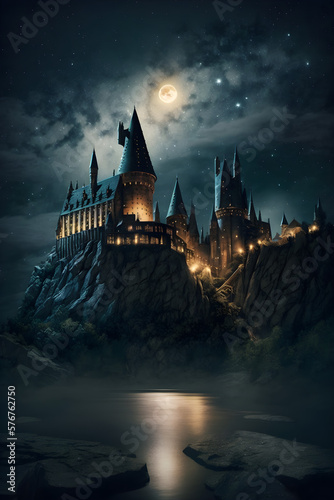 Mysterious castle at magical night. Generative AI illustration Fototapet