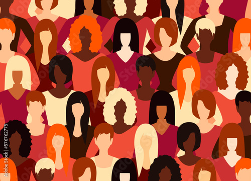 Pattern with women of different races and ethnicities. Concept of female friendship, support and movement for women's rights. International Women's Day. Vector flat illustration