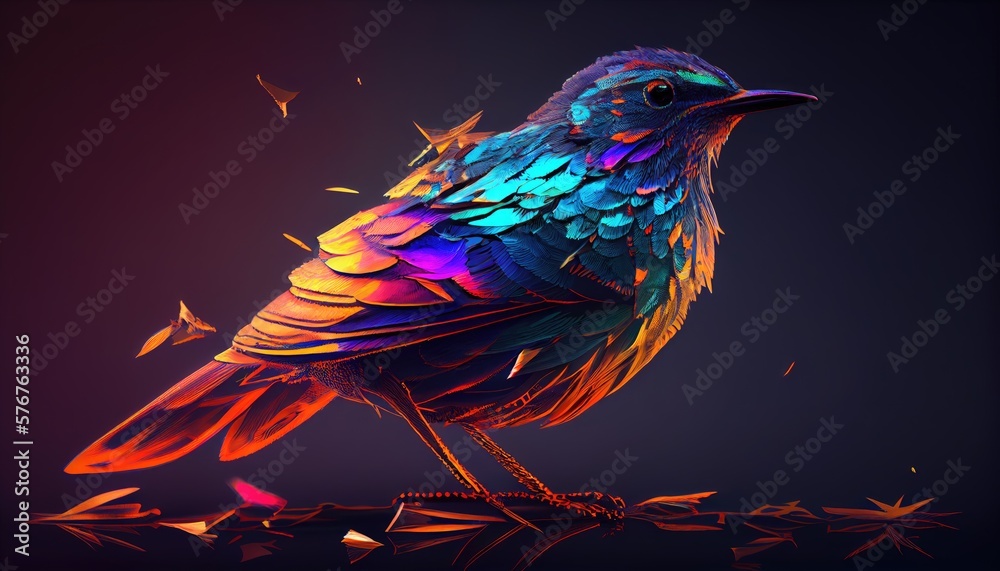 Fototapeta premium Colorful of bird glowing on black background. generative Ai