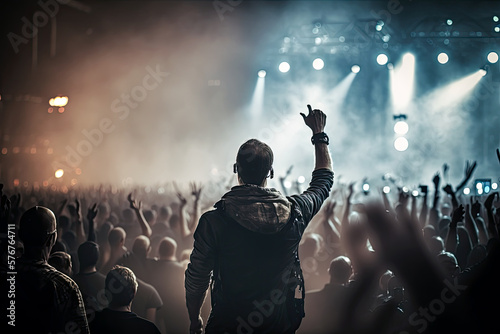 Generative AI Illustration of a man on his back with his arms raised enjoying a concert among the public of a music festival
