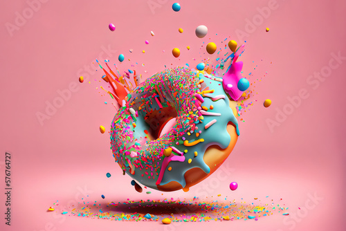 flying pink donut decorated with colorful sprinkles. Generative Ai