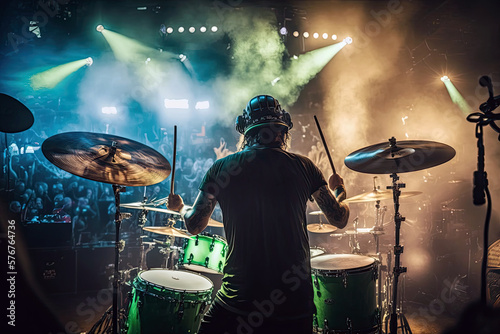 Photo Generative AI Illustration of a drummer on stage playing drums with stage lights