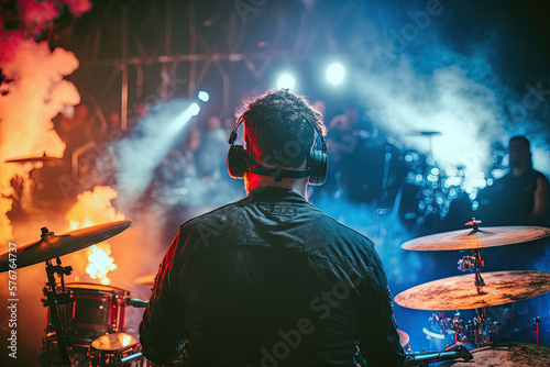 AI Generative Illustration of a drummer with headphones playing a song to the drums on a festival stage illuminated with stage lights