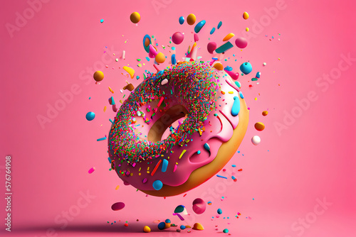 Fun pink donut in motion with colorful sprinkles falling and dancing in the pink background. Generative Ai