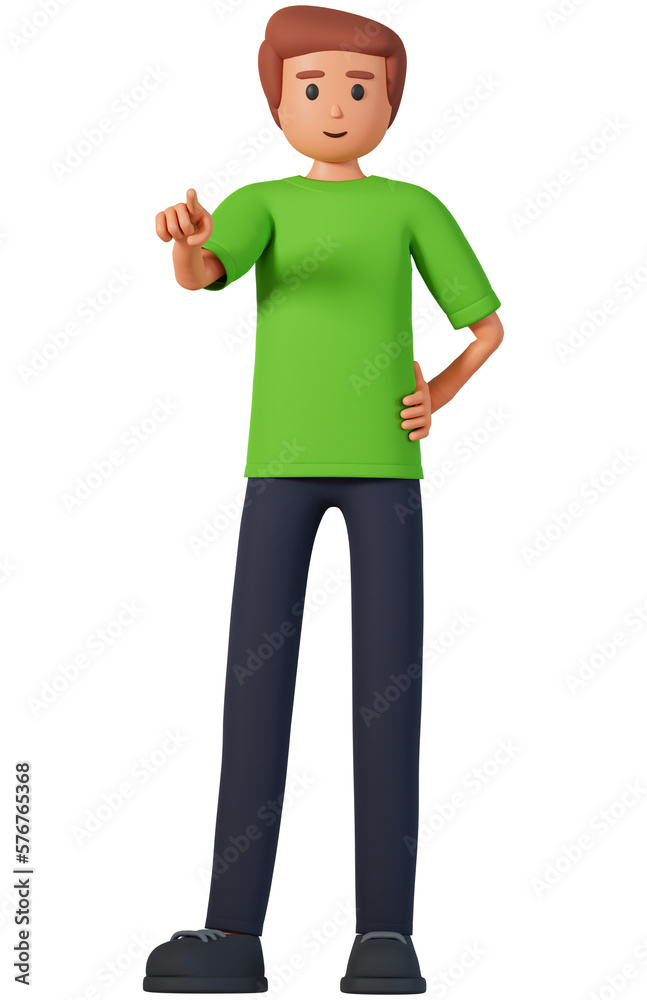 3d illustration of man in green t-shirt point to front. 3D young male character pointing to front 3d illustration of man in green t-shirt point to front. 3D young male character pointing to front