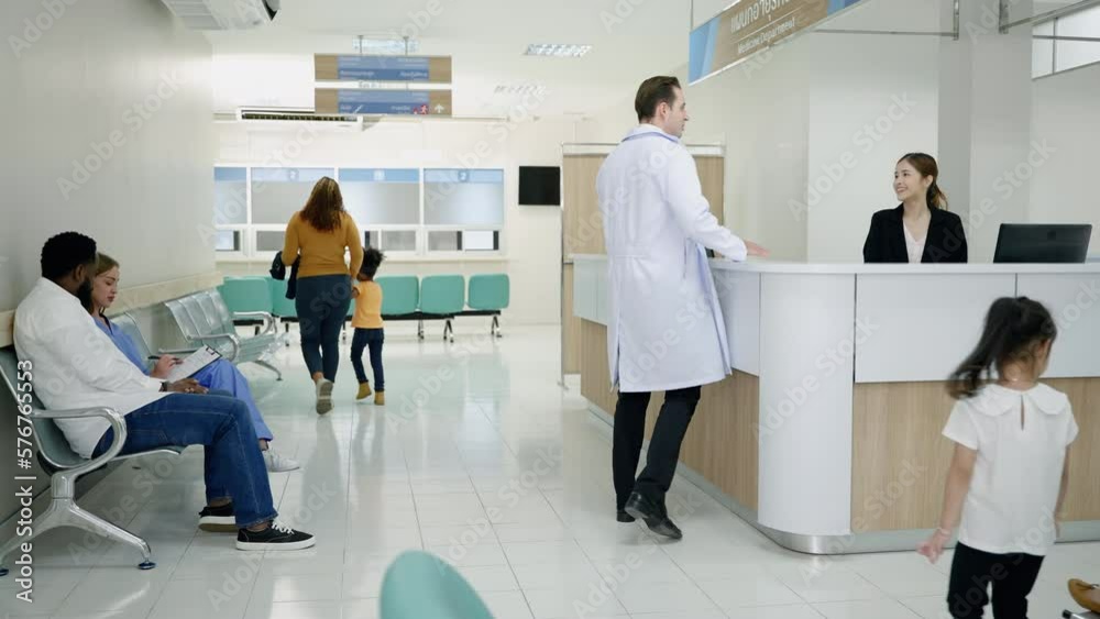 Diversity in hospital lobby or hallway with busy nurse, older patient on wheelchair, sick patient, relative waiting at reception 
