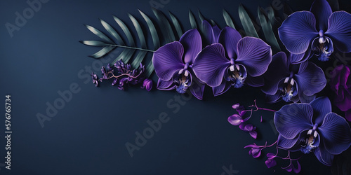 Wide Empty Navy Blue Background with Purple Orchids  Design Source for Wedding Invitations.