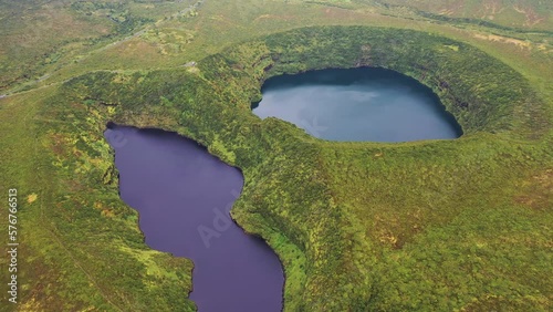 Aerial view of the crater lakes Negra and Comprida, Flores, Azores, Portugal. photo