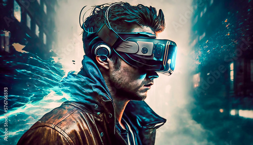 technology metaverse of the future, man wearing a virtual reality headset, Generative AI