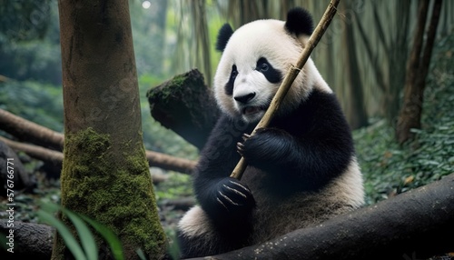Panda in the wild eating bamboo. Close-up. Wildlife. Generative AI.