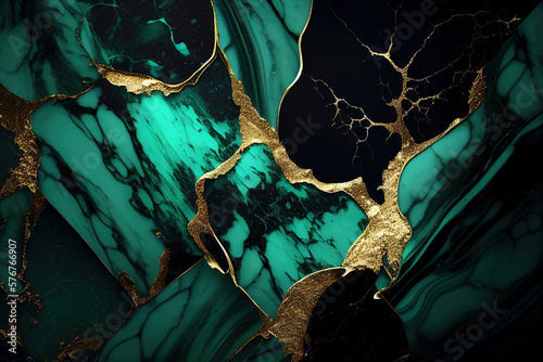 marble background of emerald green color with gold trim or gold threads, decorative background for elegance and luxury design created with Generative AI technology photo