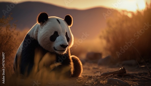 Panda in the wild during golden hour. Wildlife. Generative AI.