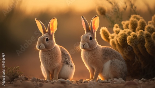 Rabbit bunnies in the wild during golden hour. Wildlife. Generative AI.