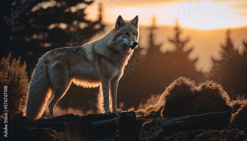 Wolf in the wild during golden hour. Wildlife. Generative AI.