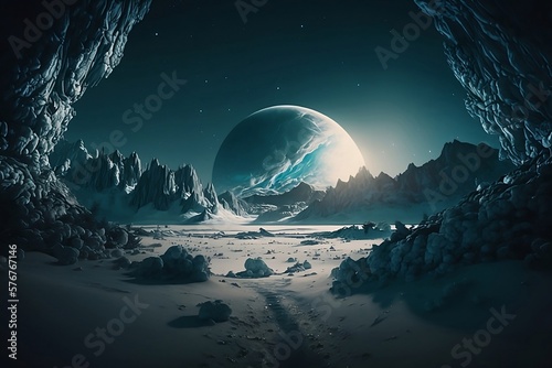Extraterrestrial landscape, alien planet in deep space in winter, blue, cold generative AI