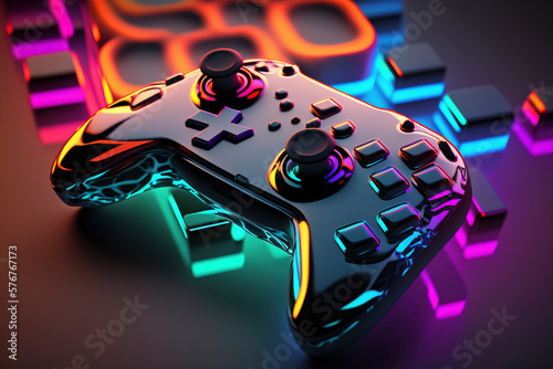 video game console controller with neon colors and led lights, gamer, video game player, leisure and digital entertainment created with Generative AI technology