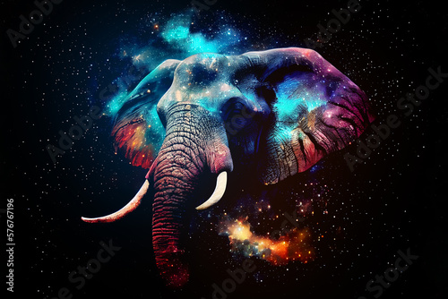 Majestic heavenly elephant at universe full of stars on black background.  Digitally generated AI image © 0livia