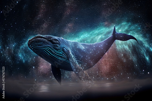 Beautiful heavenly whale at universe full of stars on black background. 
Digitally generated AI image