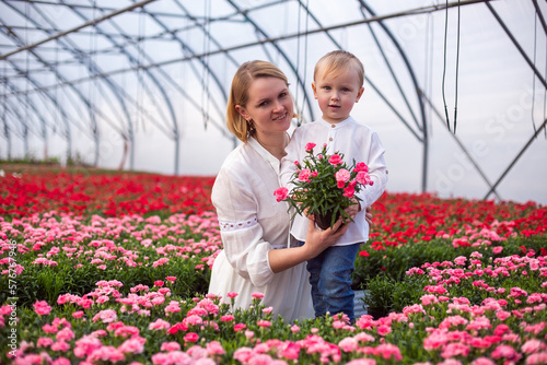 Mother and son in greenhouse with flowers in blossom. Eco lifestyle, family gardening © Andreshkova Nastya