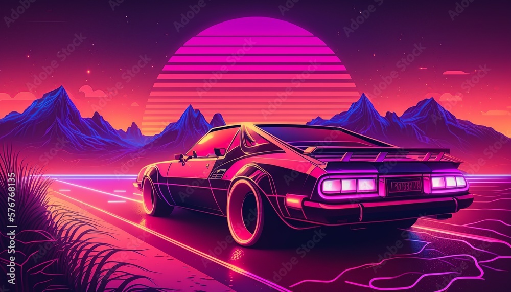 Car retro wave or synthwave background, retro summer sunset wallpaper. generative ai