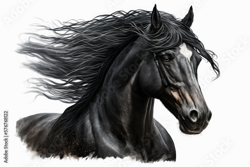 Portrait of a black stallion in motion, showcasing his flowing mane, against a white background. Generative AI © AkuAku