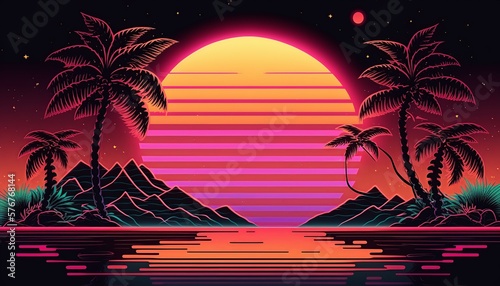 Beach retro wave or synthwave background, retro summer sunset wallpaper. generative ai